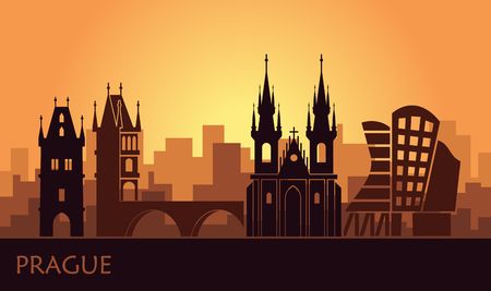 Stylized landscape of Prague with the main sights at sunset. Vector illustrationのイラスト素材