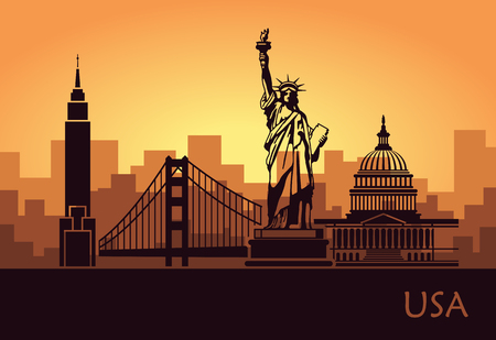 Abstract city skyline with sights of the USA at sunset. Vector illustrationのイラスト素材