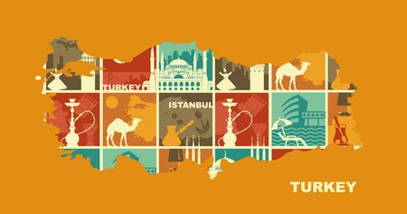 Traditional Symbols Of Turkey and Istanbul. Set of vector illustration in the form of a map of Turkeyのイラスト素材