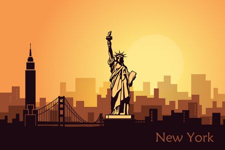 Stylized landscape of new York with the sights of the United States. Abstract skyline at dawnのイラスト素材
