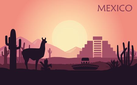 Stylized landscape of Mexico with a llama, cactuses and ancient pyramid. Abstract skyline at sunsetのイラスト素材