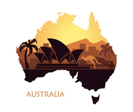 Abstract landscape of Australia at sunset. Vector illustration in the form of map of Australiaのイラスト素材