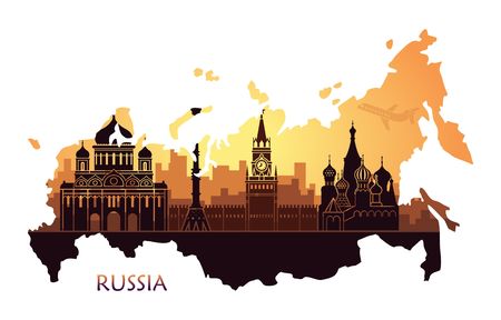 Abstract landscape of Moscow with sights at sunset. Vector illustration in the form of a map of Russiaのイラスト素材