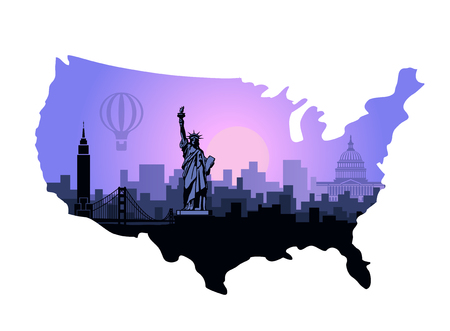Abstract city skyline with sights of the USA at sunset. Vector illustration in the form of mapのイラスト素材