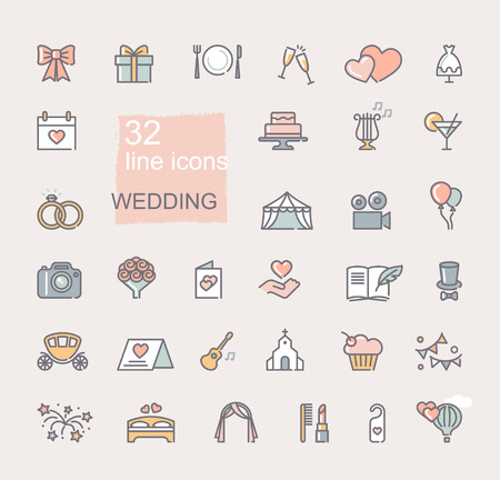 Wedding line icons set. Modern graphic design concepts, simple outline colored elements collection. Vector line iconsのイラスト素材