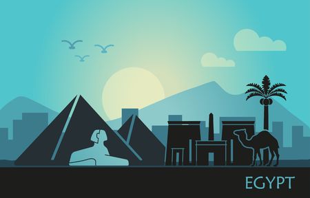Stylized landscape of Egypt at sunset. Vector illustrationのイラスト素材