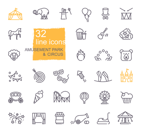 Linear icons on the theme of circus and amusement Parkのイラスト素材