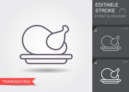 Thanksgiving turkey. Outline icon with editable stroke. Linear symbol of the holiday with shadowのイラスト素材