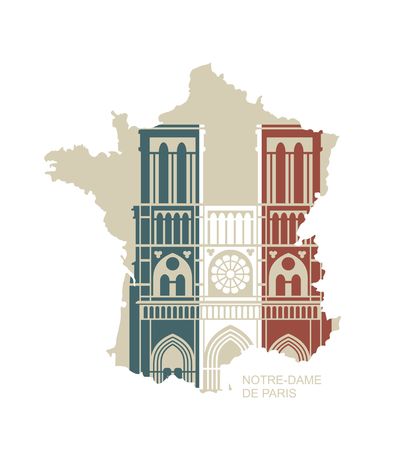 Notre Dame de Paris Cathedral in the colors of the French flag. Vector icon in flat style in the form of a map of Franceのイラスト素材