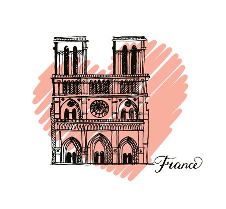 Notre Dame de Paris Cathedral, France. Illustration in the style of hand drawing with heartのイラスト素材