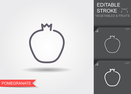 Illustration of pomegranate linear icon with shadow. Outline icon with editable strokeのイラスト素材