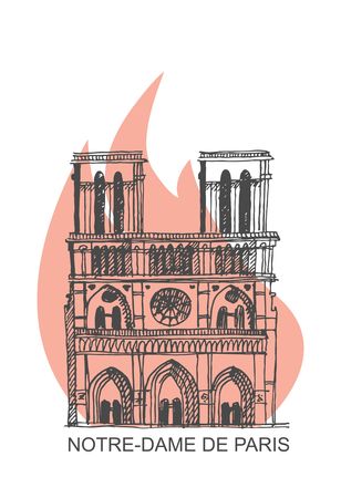 Notre Dame de Paris Cathedral on fire. Vector Illustration in the style of hand drawingのイラスト素材