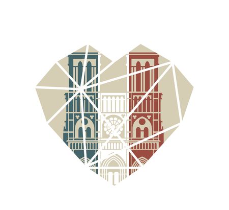 Notre Dame de Paris Cathedral in the colors of the French flag. Vector icon in flat style in the form of a broken heartのイラスト素材