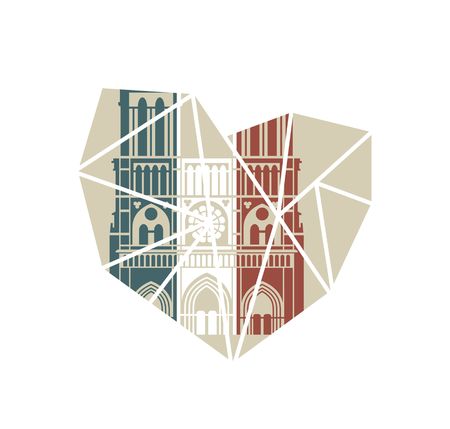 Notre Dame de Paris Cathedral in the colors of the French flag. Vector icon in flat style in the form of a broken heartのイラスト素材