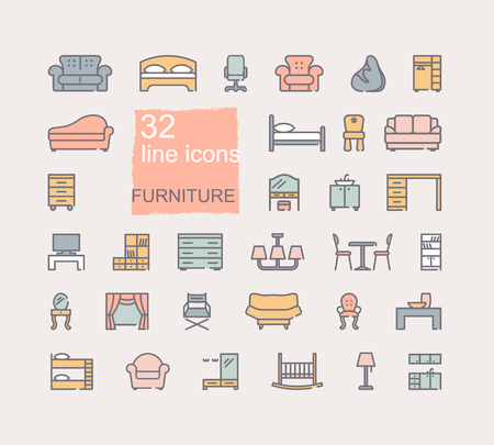 Line furniture icons set. Outline web icon collectionのイラスト素材