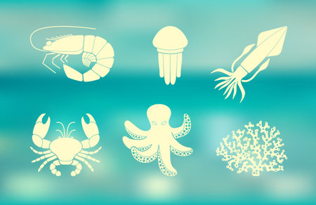 Collection of icons of sea inhabitants in flat style on the Colorful background with defocused lightsのイラスト素材