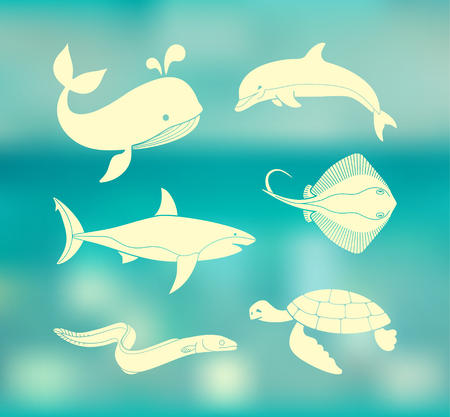Collection of icons of sea inhabitants in flat style. Whale, Dolphin, Stingray, turtle on the Colorful background with defocused lightsのイラスト素材