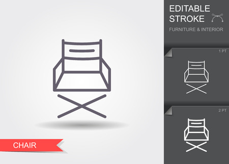 Folding chair. Outline icon with editable stroke. Linear symbol of the furniture and interior with shadowのイラスト素材