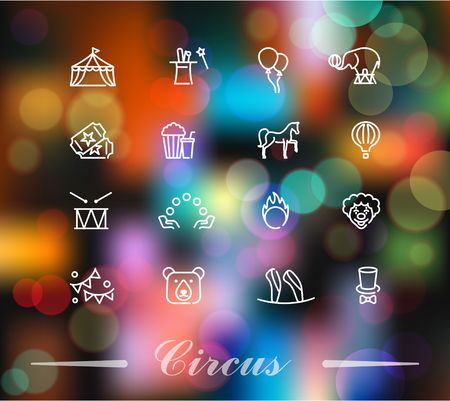 Circus icons set in linear style on the Colorful background with defocused lightsのイラスト素材