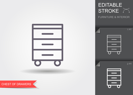 Chest of drawers. Outline icon with editable stroke. Linear symbol of the furniture and interior with shadowのイラスト素材