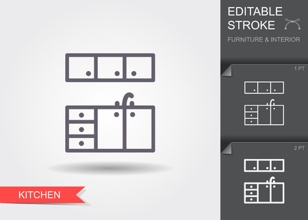 Kitchen furniture. Outline icon with editable stroke. Linear symbol of the furniture and interior with shadowのイラスト素材