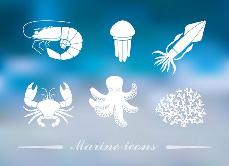 Collection of icons of sea inhabitants in flat style on the Colorful background with defocused lightsのイラスト素材
