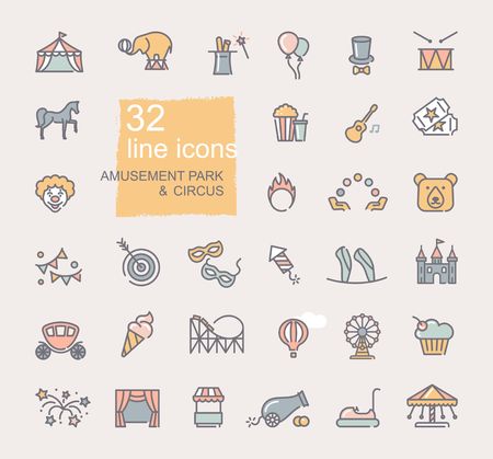 Linear icons on the theme of circus and amusement Parkのイラスト素材