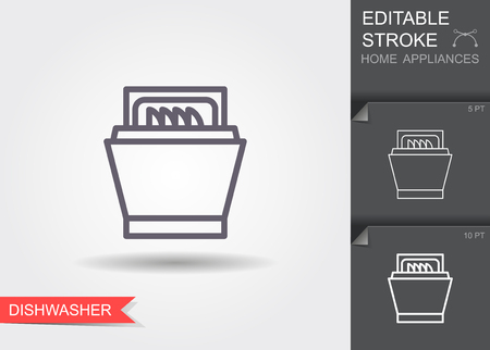 Dishwasher. Line icon with editable stroke with shadowのイラスト素材