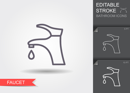 Water Faucet with drop. Outline icon with editable stroke. Linear symbol of the bathroom with shadowのイラスト素材