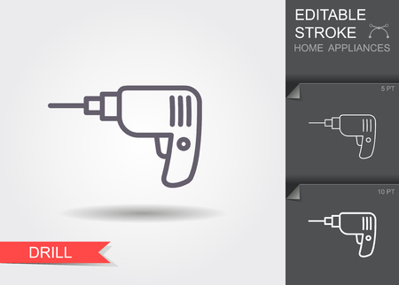 Drill. Outline icon with editable stroke. Linear symbol of the home appliances with shadowのイラスト素材