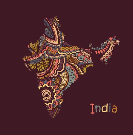 Textured vector map of India. Hand drawn ethno pattern, tribal background.のイラスト素材