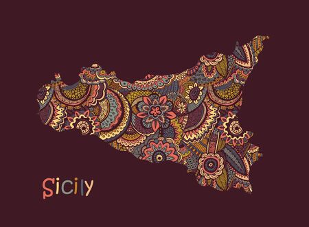Textured vector map of Sicily. Hand drawn ethno patternのイラスト素材