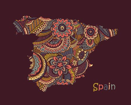 Textured vector map of Spain. Hand drawn ethno patternのイラスト素材
