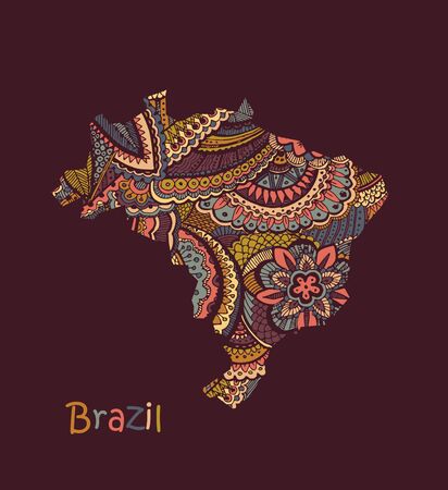 Textured vector map of Brazil. Hand drawn ethno pattern, tribal background.のイラスト素材