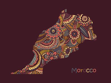 Textured vector map of Morocco. Hand drawn ethno pattern, tribal background.のイラスト素材