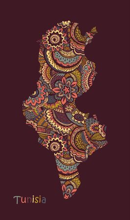 Textured vector map of Tunisia. Hand drawn ethno pattern, tribal background.のイラスト素材