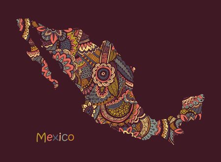 Textured vector map of Mexico. Hand drawn ethno pattern, tribal background.のイラスト素材