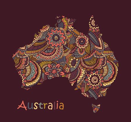 Textured vector map of Australia. Hand drawn ethno pattern, tribal background.のイラスト素材
