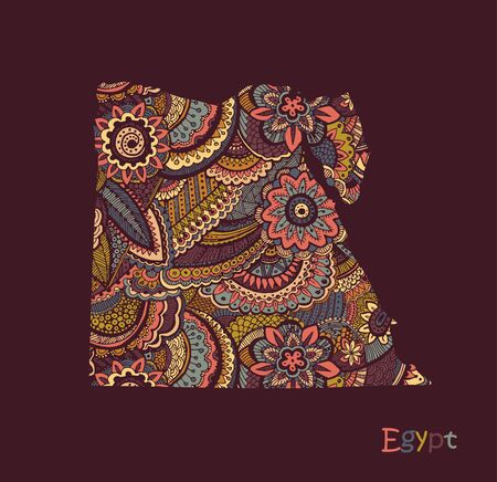 Textured vector map of Egypt. Hand drawn ethno pattern, tribal background.のイラスト素材
