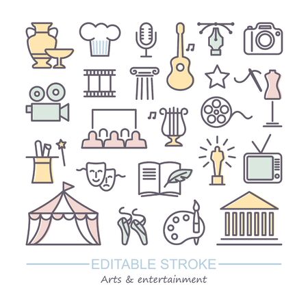 Arts and Entertainment icon set. Collection of vector icons with editable strokeのイラスト素材