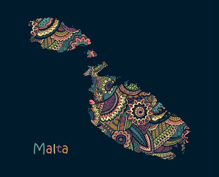 Textured vector map of Malta. Hand drawn ethno pattern, tribal background.のイラスト素材