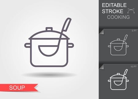 Pan with a ladle. Line icon with editable stroke with shadowのイラスト素材