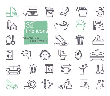 Cleaning and housework Icons, flat design, thin line styleのイラスト素材