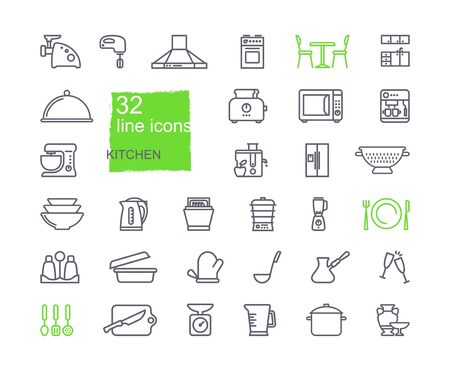 Kitchen Icon set, flat design, thin line styleのイラスト素材
