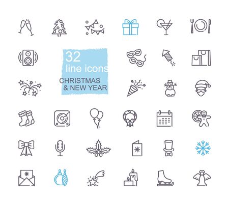 Christmas and New year symbols. Linear iconsのイラスト素材