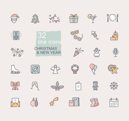Christmas and New year symbols. Linear iconsのイラスト素材