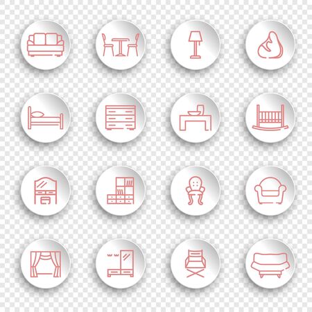 Linear furniture icons on round stickers with transparent shadowsのイラスト素材