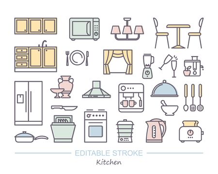 Kitchen Icon set. Linear icons with editable strokeのイラスト素材
