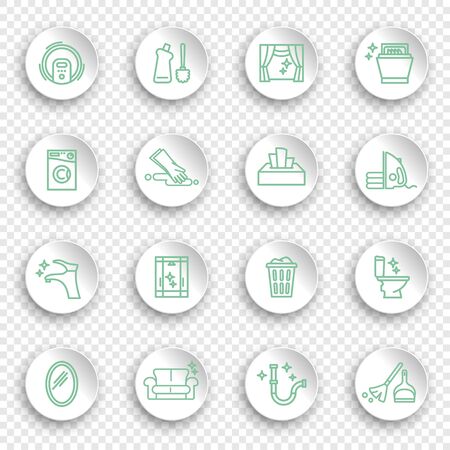 Cleaning and housework Icons, thin line style on white stickers with transparent shadowsのイラスト素材