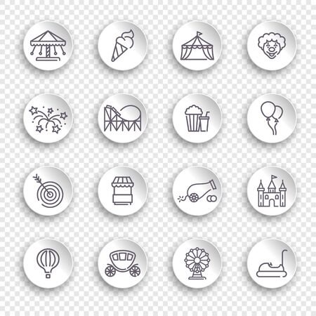 Linear icons on the theme amusement Park on white stickers with transparent shadowsのイラスト素材